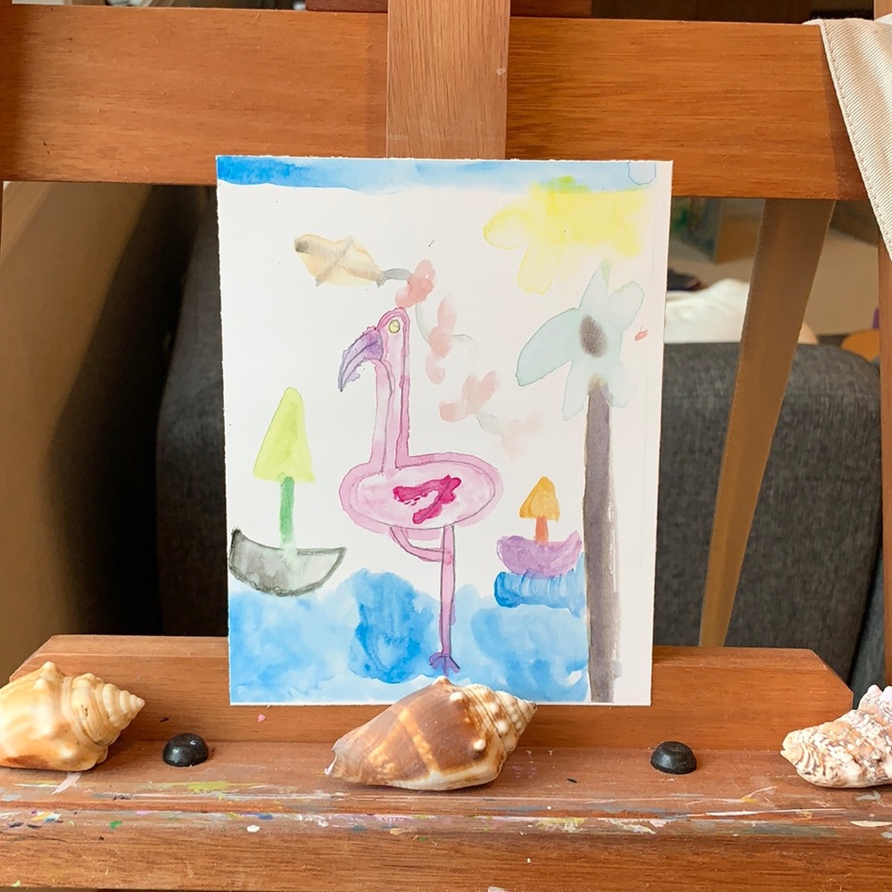 Child Artist! Original Art - Mixed Media Print - Flamingo